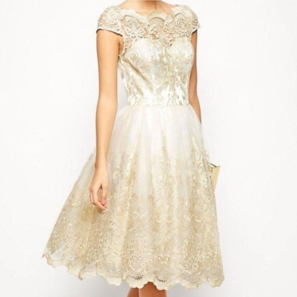 Chi Chi London Premium Metallic Lace Midi Prom Dress with Gold Accents, Lined